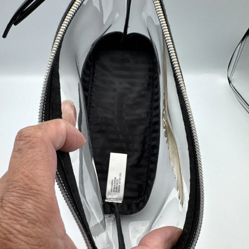 Victoria's Secret Clear Black Makeup Bag‎ PVC Faux Leather Gold Angel Wings